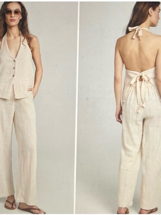 Free People Pants - Free People Cream Halter Back-Tie Wide-Leg Jumpsuit